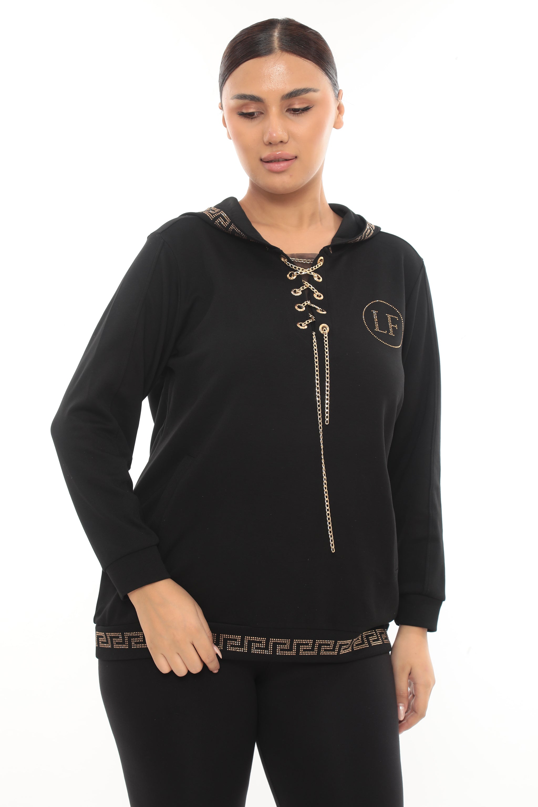 Dámská mikina s kapucí a zlatým šněrováním