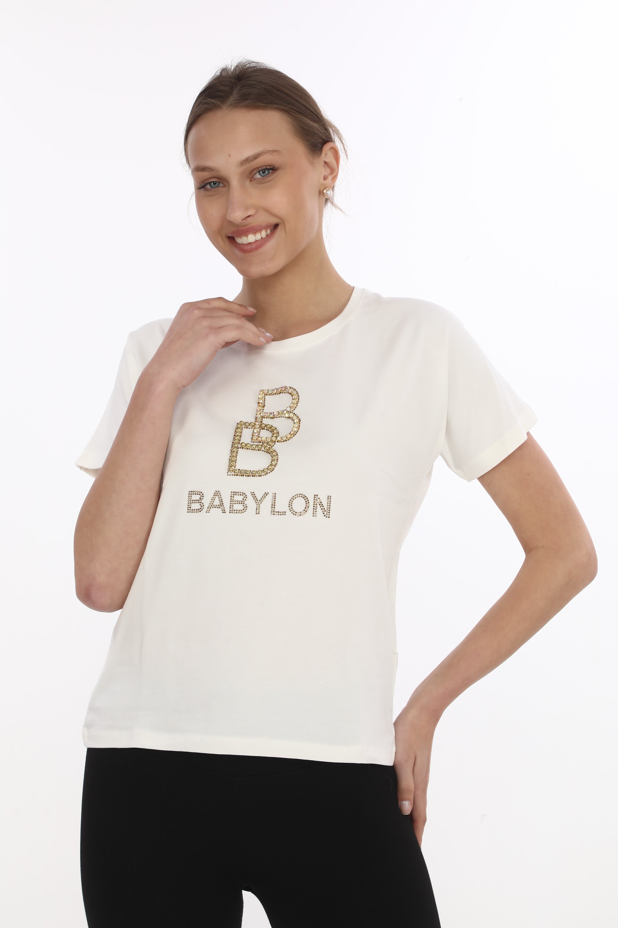 Dámské tričko s kamínky BABYLON Classic - zlatý nápis BB