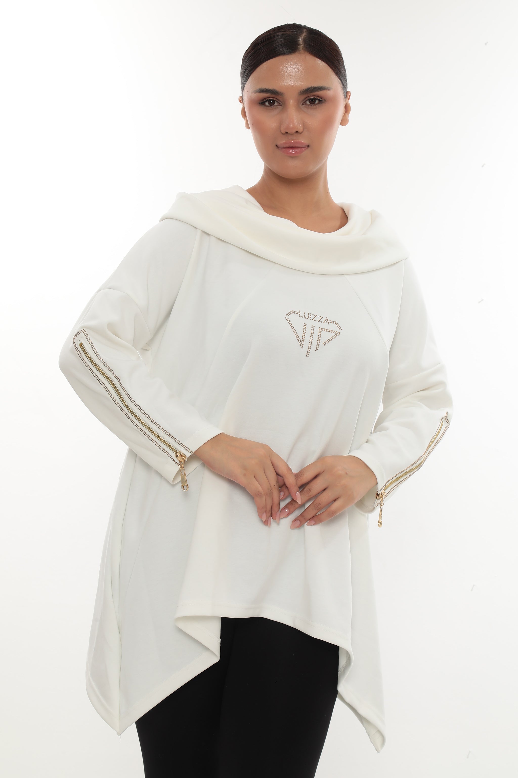 Dámská elegantní mikina s kapucí a zipovými detaily