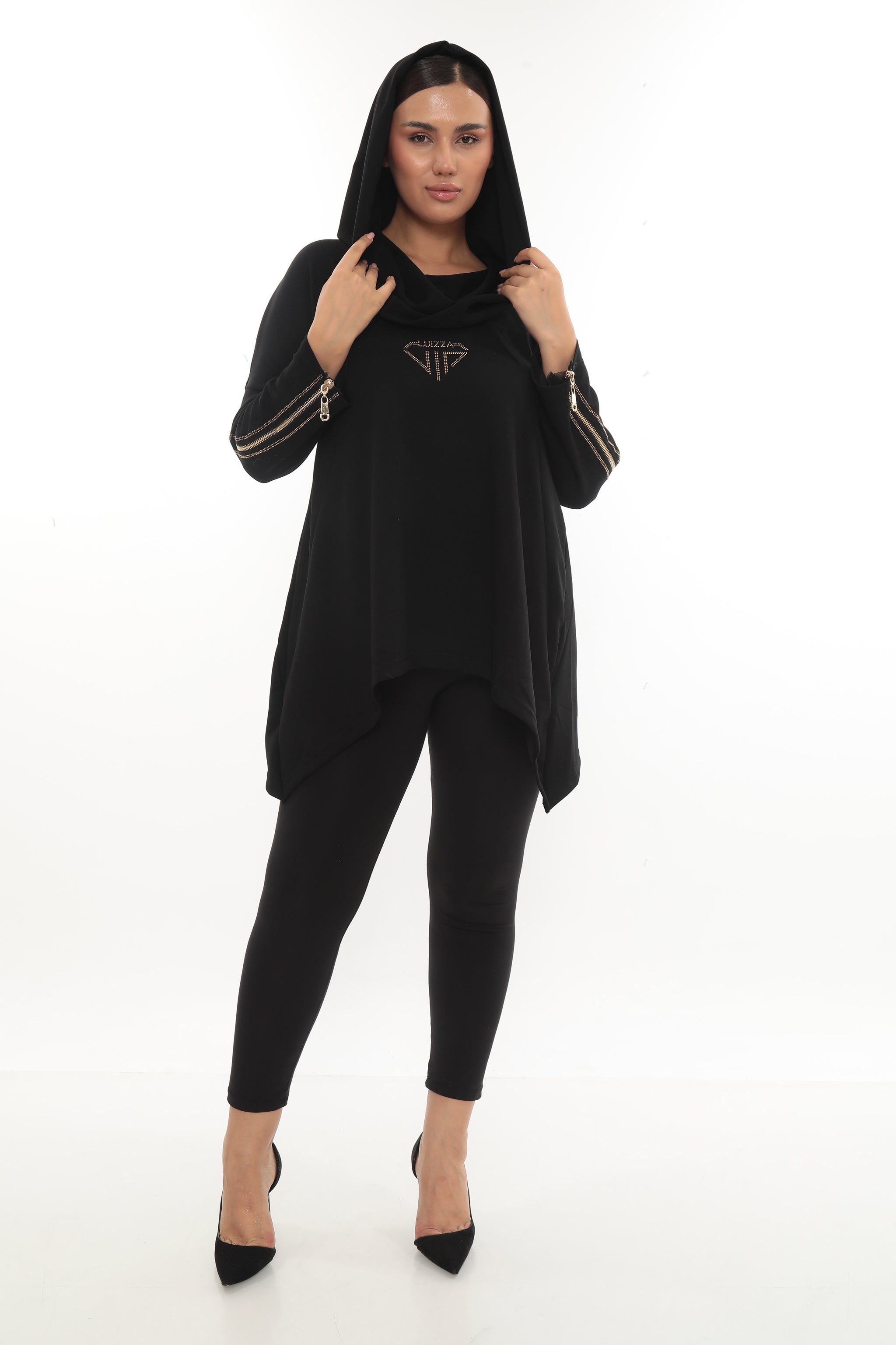 Dámská elegantní mikina s kapucí a zipovými detaily