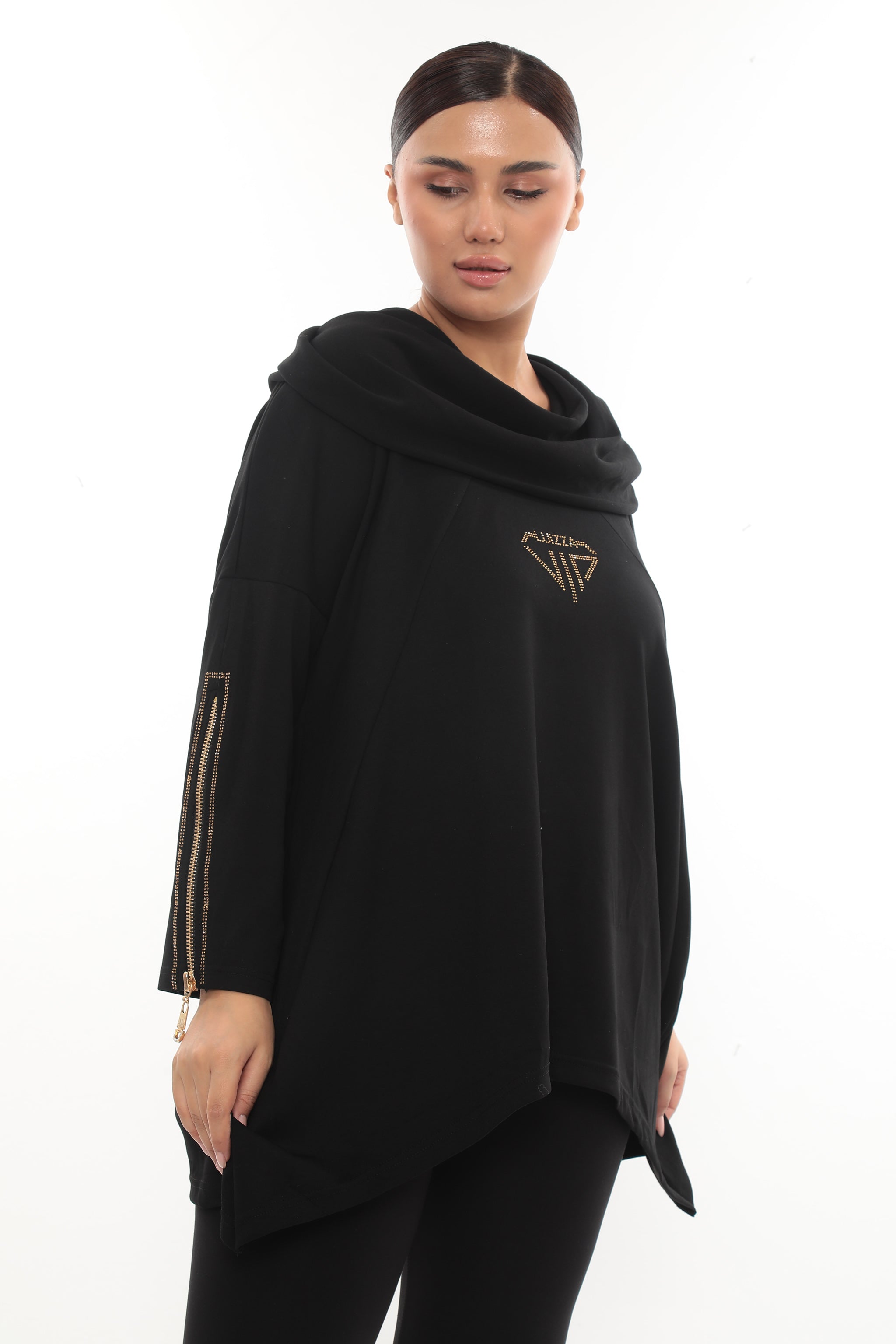 Dámská elegantní mikina s kapucí a zipovými detaily